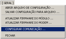 Na tela principal do configurador, podemos ver: Botões do Menu Principal: [ GERAL ], [ BUSCAR CONFIGURAÇÃO ], [ ENVIAR CONFIGURAÇÃO ] e [ REINICIAR MÓDULO ].