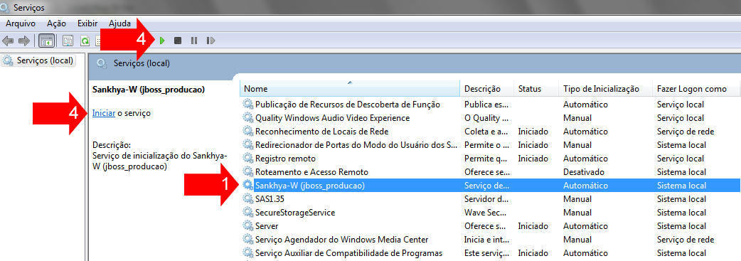 Após configurar o usuário basta inicializar o serviço, selecionando-o (1) e clicando em iniciar (4) ou no ícone de inicialização (4).