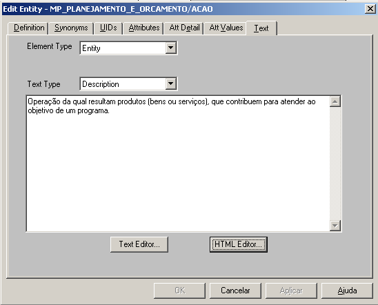 Definir Atributos para as Entidades Com o diagrama já aberto, um clique duplo sobre a entidade(propriedades) e preencher os campos das guias Definition, UIDs, Attributes e Text. Fig.14 Fig.
