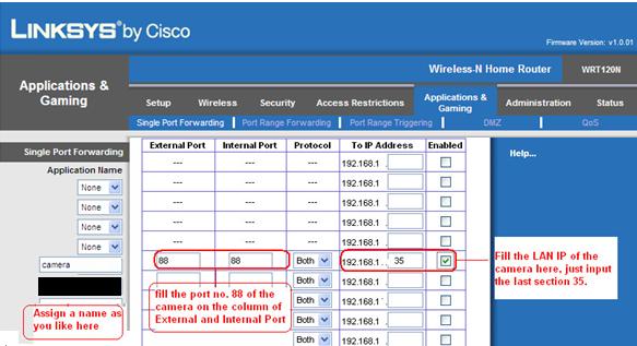 Escolha um nome aqui. Preencha o número de porta 88 da camera nas colunas de portas Interna e Externa. Imagem 2.5 Encaminhamento de Porta Preencha o IP LAN da câmera aqui.