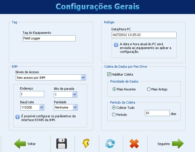 CONFIGURAÇÕES GERAIS A primeira tela mostra alguns parâmetros gerais da configuração do FieldLogger: Tag (nome) a ser dado ao equipamento (máximo 16 caracteres).