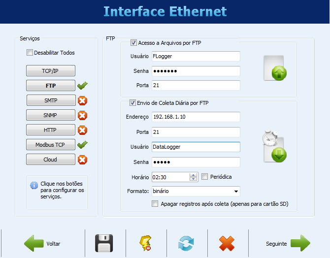 CONFIGURAÇÃO DA INTERFACE ETHERNET FTP O botão FTP permite que se configurem as opções relacionadas aos serviços FTP. Há dois tipos de funcionalidade FTP previstas no FieldLogger: cliente e servidor.