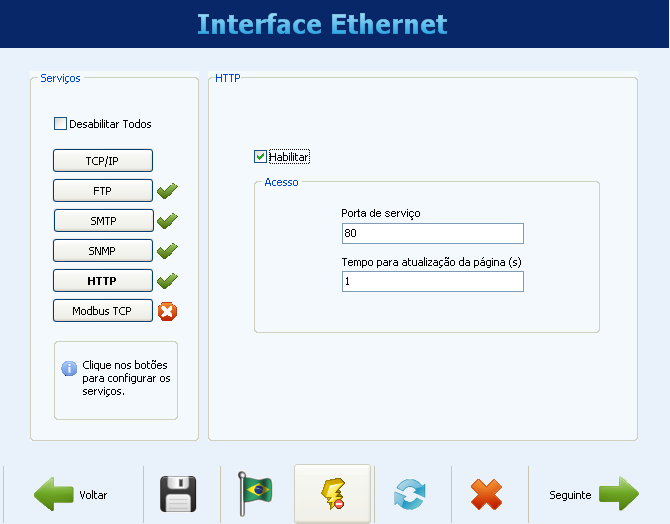 CONFIGURAÇÃO DA INTERFACE ETHERNET HTTP O botão HTTP habilita o FieldLogger para servir uma página web com dados do equipamento.