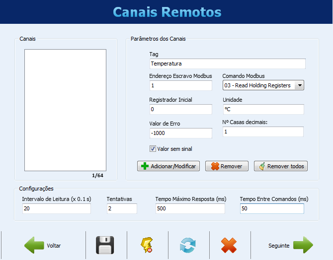 Com a interface RS485 configurada como mestre Modbus, a tela a seguir será mostrada.