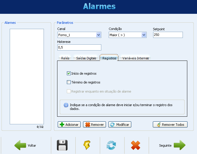 Configuração dos Alarmes Seleção das saídas digitais Configuração dos Alarmes Configuração do controle dos registros NOVUS