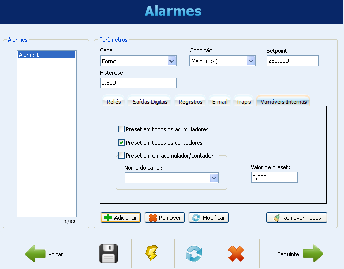 Configuração de Alames Seleção das variáveis internas Configuração dos Alarmes Alarme adicionado à lista NOVUS