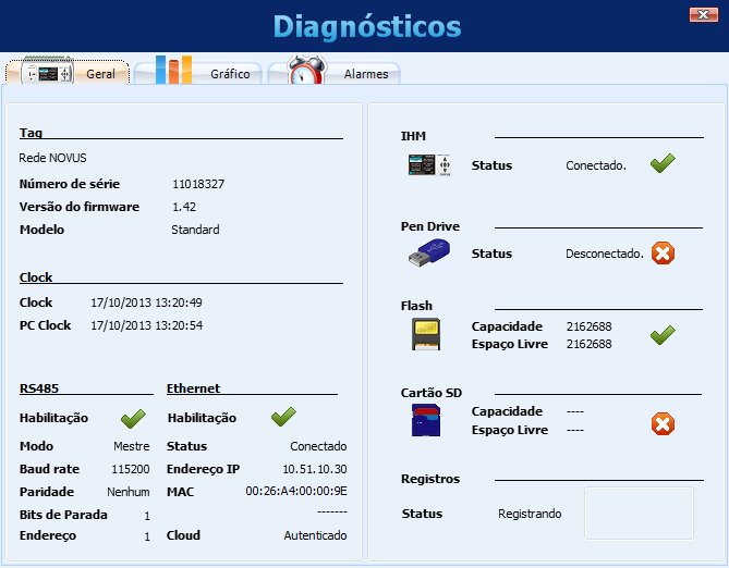 DIAGNÓSTICOS Ao selecionar os Diagnósticos, a tela de conexão será mostrada e deve-se indicar qual o tipo de interface a ser usada para a leitura dos parâmetros de diagnóstico: RS485 (a interface