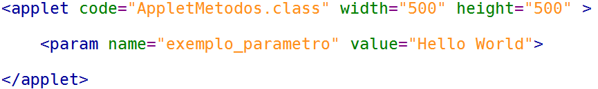 Obtendo parâmetros do HTML Para recuperar um parâmetro do documento HMTL a applet deve utilizar o método String a = getparameter( exemplo_parametro ).