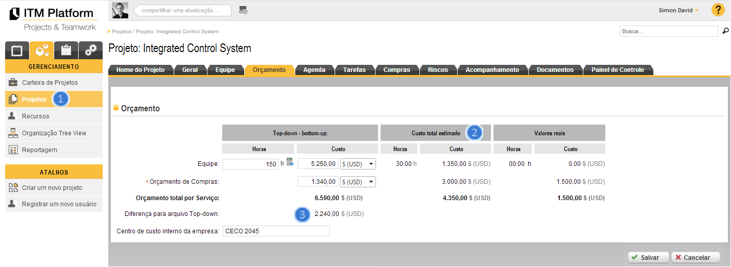 Estimativa de custo A estimação de horas e custo é um cálculo realizado pelo ITM Platform em função dos esforços definidos nas tarefas pelo gerente do projeto.