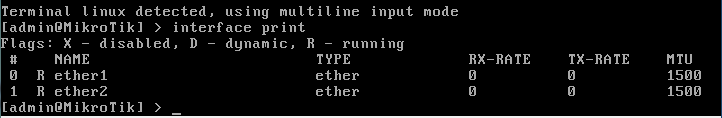Vamos verificar se o mikrotik identificou e instalou as placas de rede, para isso digite o seguinte comando: interface print (tecle enter) Se o resultado for semelhante o da imagem abaixo é porque as