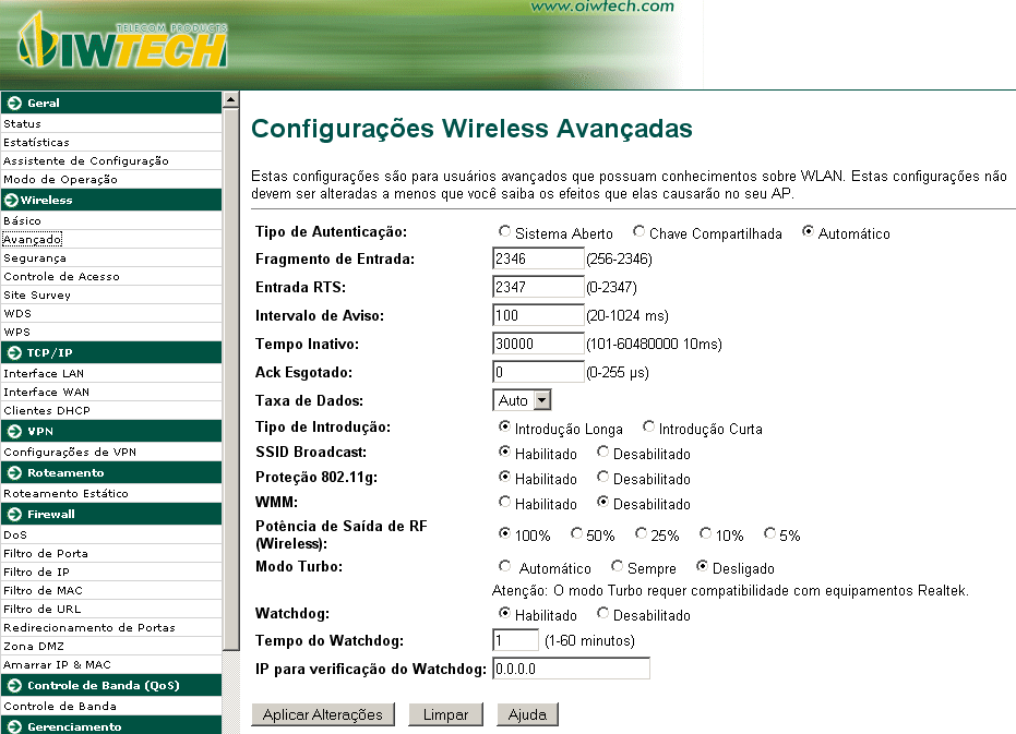 4.2.2 Configurações Wireless Avançadas Estas configurações são para usuários tecnicamente avançados que tem um conhecimento profundo