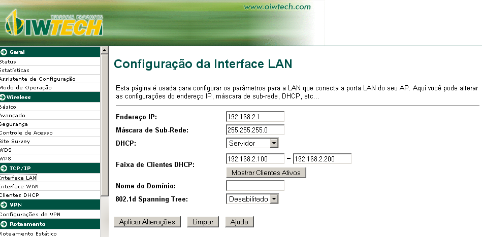 4.3 Configurações TCP/IP 4.3.1 Configurações da Interface LAN Através desta página é possível configurar os parâmetros da sua rede local no Roteador.