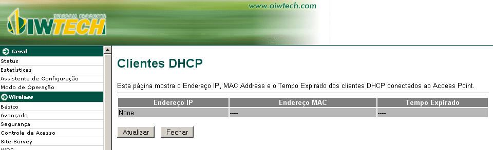 4.3.3 Clientes DHCP Mostra os clientes com IP atribuído pelo servidor DHCP.