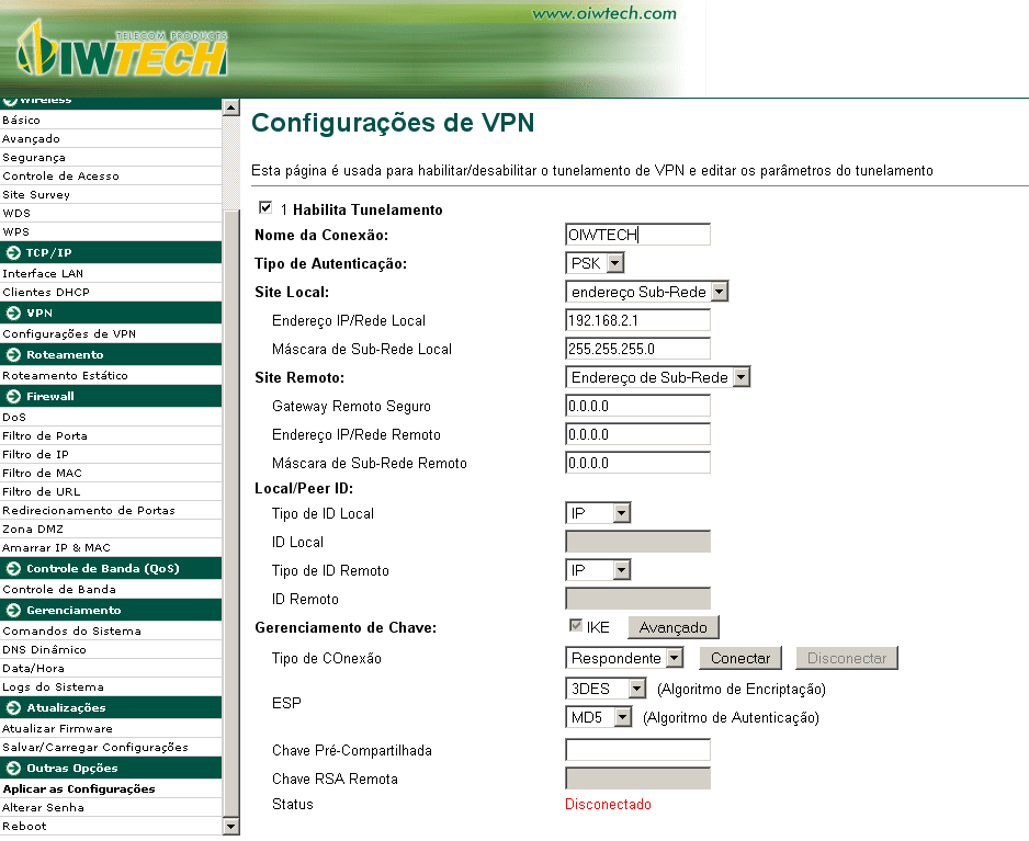 Nessa página, nós podemos digitar Nome da Conexão, IP Local, Remote Security Gateway, IP Remoto, é Chave pré-compartilhada.