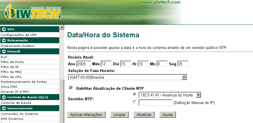 4.6.3 Configuração de Data/Hora Nesta página é possível ajustar a data e a hora do sistema através de um servidor público NTP. Horário atual: Ajustar data/hora.