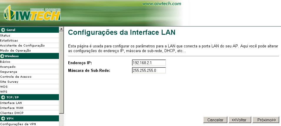 Clicando em próximo, aparecerá a opção para configuração de fuso horário: Clicando em Próximo, será exibida a tela de configuração da Interface LAN: Nesta janela configura-se o endereço IP do