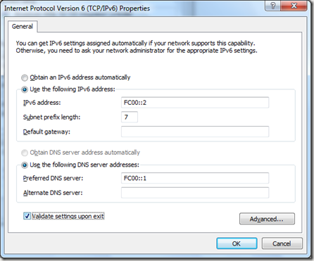 Em servidor DNS digite FC00::1 se a maquina anteriormente configurada for um servidor DNS para sua rede local.