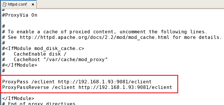 No Apache para Linux, os módulos de proxy reverso já estão habilitados por default. Então localize diretamente o <IfModule mod_proxy.c> e adicione o código abaixo,.