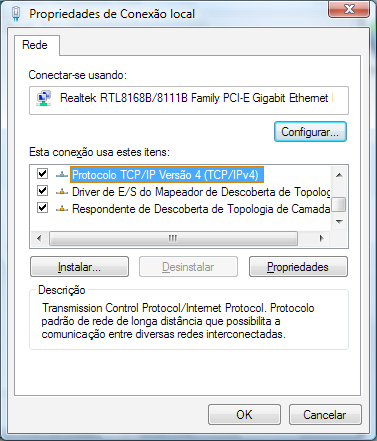 6. Localize e selecione a opção Protocolo TCP/IP versão 4 e clique em Propriedades; 7.