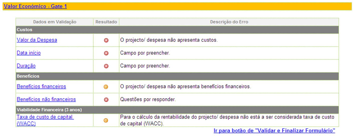 5. Valor Económico Gate 1 (2/3) Validação e submissão (1/2) Botão para retornar à folha de Valor Económico Gate 1.