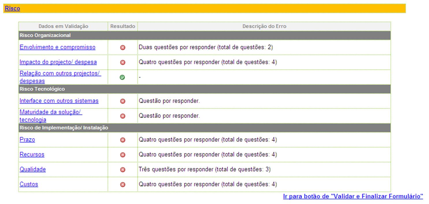 6. Risco (3/4) Validação e submissão (1/2) Botão para retornar à folha de Risco. Conjunto de questões do formulário em validação, separado por vetor de informação com hyperlinks para cada questão.