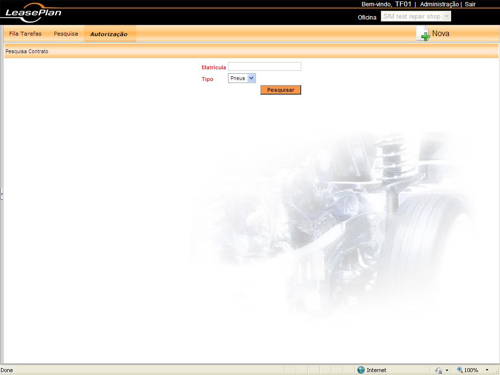1234AA e não 12-34-AA) Tipo: Define o tipo de autorização a ser efectuado, Pneus ou Manutenção. Os vários tipos ficam disponíveis de acordo com o perfil de acesso de cada fornecedor e utilizador.