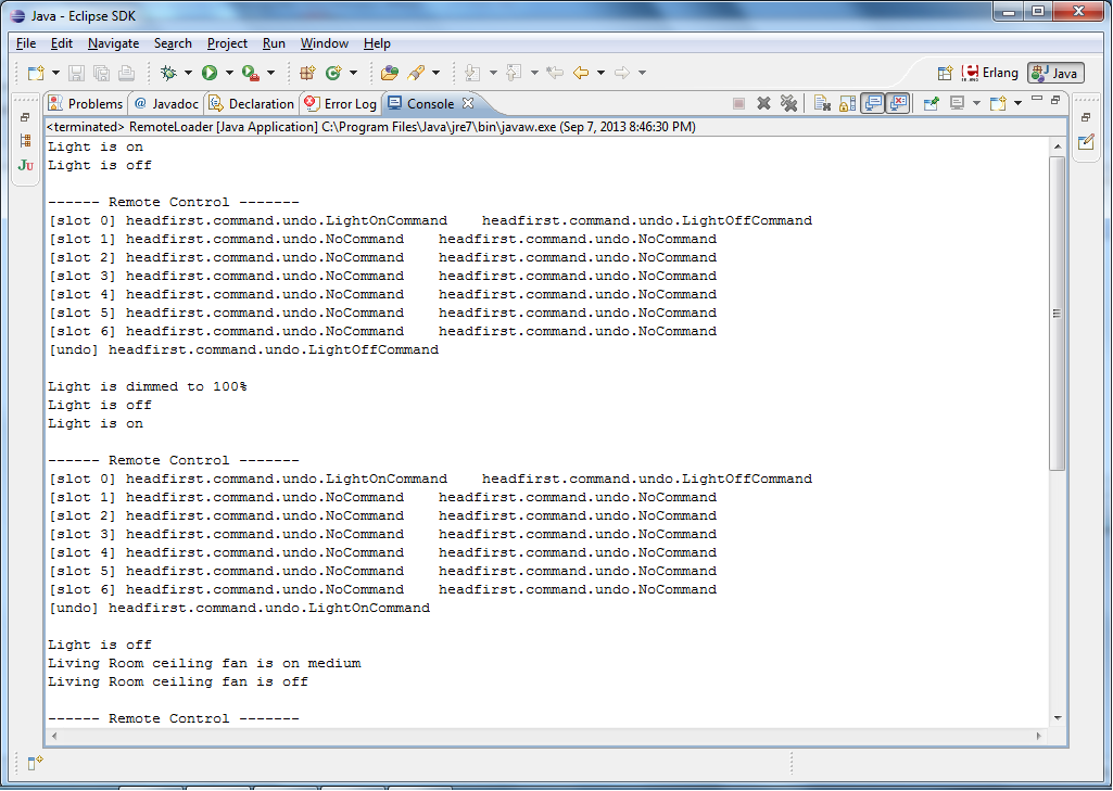 Padrão Command 133 Figura 5.5: Execução do exemplo para o padrão Command em Java. residencial.