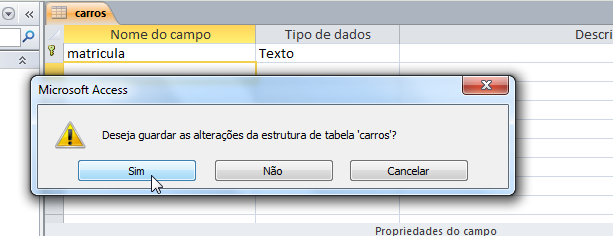 Criação da primeira tabela vista de estrutura Vamos guardar a tabela, uma