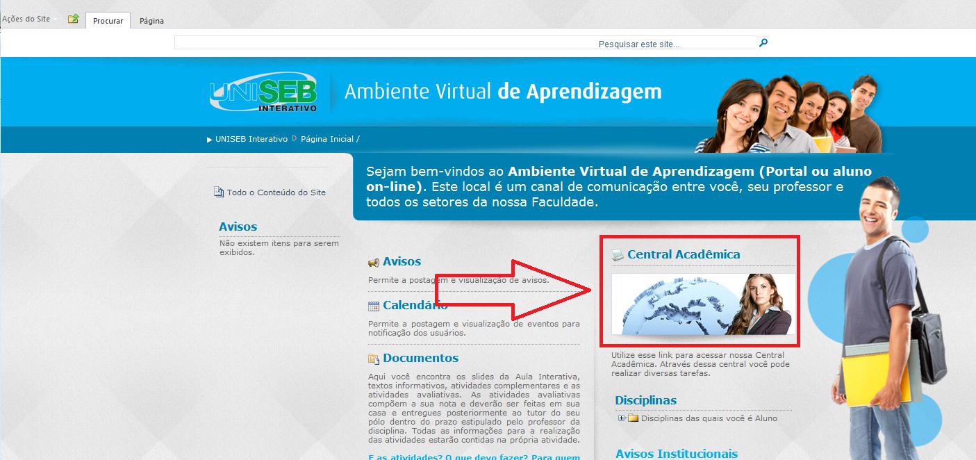 4. Para acessar as ferrametas administrativas, na página principal do Ambiente virtual de Aprendizagem, clique sobre Central