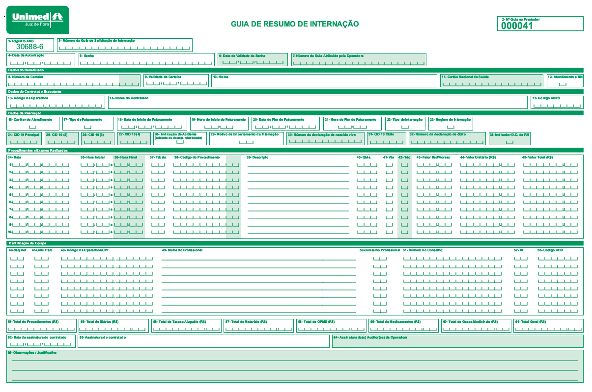 Guia de Resumo de Internação A Guia de Resumo de Internação deve ser utilizada somente no processo de cobrança de internação das utilizações que serão pagas diretamente ao hospital ou clínicas.