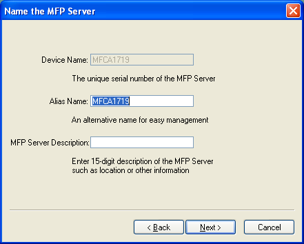 11. Defina aqui o Alias Name (Nome alternativo) e a MFP Server Description (Descrição do Servidor MFP) do Servidor MFP. Clique em Next (Seguinte).