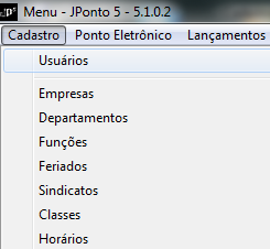 CADASTRO DE USUÁRIOS Para visualizar a tela de Cadastro de Usuário, clique no menu Cadastro => Usuários, como mostra a figura ao lado: Logo em seguida a seguinte tela será exibida: A tela de Cadastro