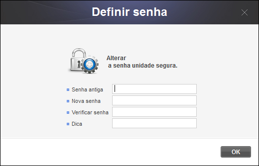 Capítulo 3 - Funções do Samsung Drive Manager [Imagem] Tela Configuração da senha da unidade segura 6. Digite o campo [Senha antiga]. 7. Digite o campo [Senha]. 8. Digite o campo [Confirme a senha].