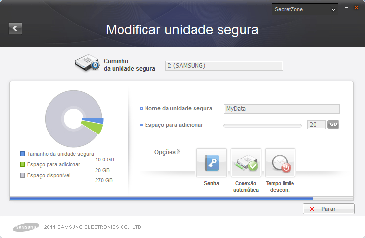 Capítulo 3 - Funções do Samsung Drive Manager 11. Defina o [Tamanho da unidade segura] para o qual será expandida. 12. Alterar [Configurações da Unidade segura]. 13. Clique em [OK].