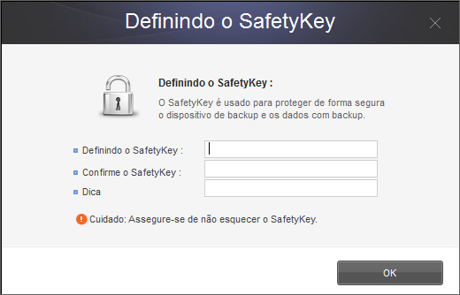 Capítulo 1 - Iniciando o uso do Samsung Drive Manager Configuração do SafetyKey O SafetyKey é uma chave criptografada para proteção segura dos dados com backup. A chave é usada para "backup criptogr.