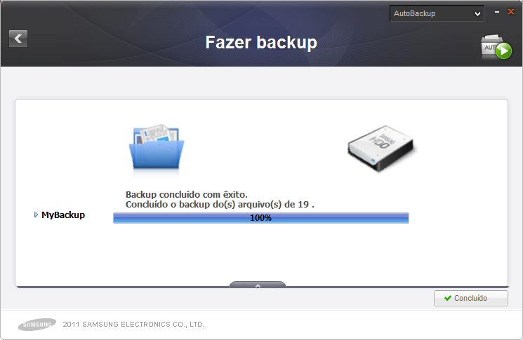 Capítulo 1 - Iniciando o uso do Samsung Drive Manager O progresso do backup das origens selecionadas é exibido.