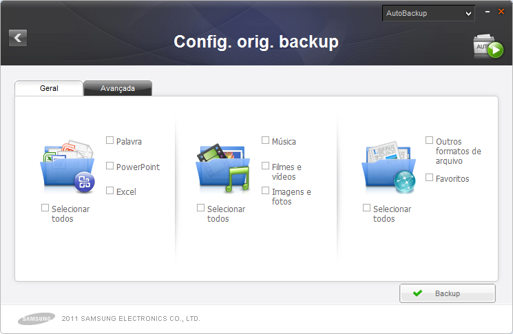 Capítulo 2 - Usando o Samsung Drive Manager Config. orig. backup Selecione os arquivos e as pastas que entrarão no backup.