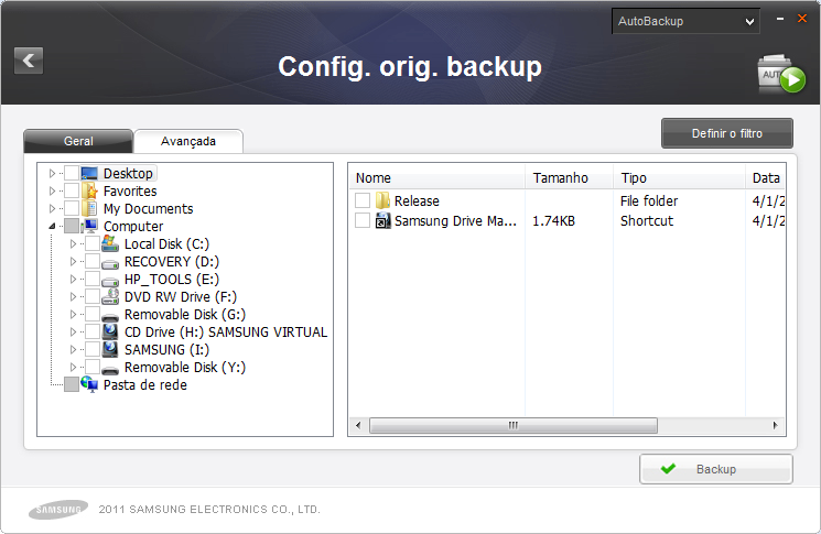 Capítulo 2 - Usando o Samsung Drive Manager [Imagem] Tela Configuração avançada Definir o filtro Tipos de arquivos para backup ou para serem excluídos do backup podem ser selecionados na tela