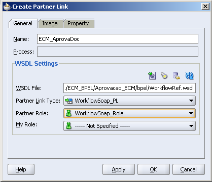 77- Mude o Partner Role para WorkflowSoap_Role 78- Clique na aba property. O processo BPEL precisa enviar informações de autenticação na requisição para que o ECM aceite os comandos.