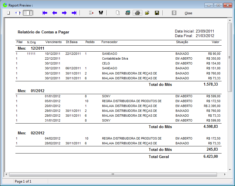 32 Manual do Usuário Gerenciador Eficaz 7 Contas a Pagar e Receber Relatório de Contas a Pagar Emite um Relatório que pode ser impresso, de Todas as Contas que devem ser Pagas e as que já foram pagas.