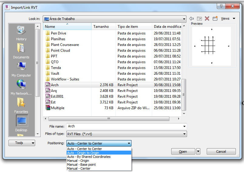 Specify Coordinates at a Point Report Shared Coordinates Bem como as ferramentas de importação de uma referência: Auto - Center to Center Auto - Origin to Origin Auto - By Shared Coordinates Manual -