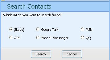 PASSO-3: Escolha o IM ao qual pretende adicionar o novo amigo e clique no botão adicionar. PASSO-4: O contacto é adicionado a este IM e a janela de adicionar/procurar contacto aparece. (ex: Skype) 7.