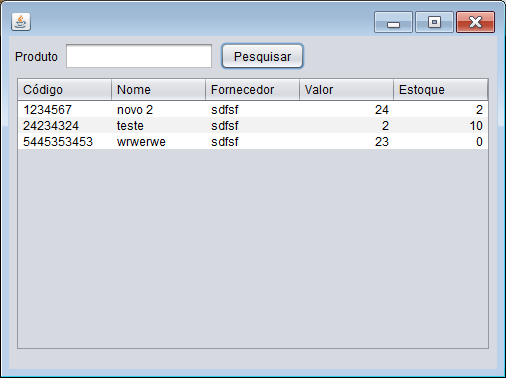 Busca de produtos 1 2 import java.util.linkedlist; 3 import java.util.list; 4 import javax.swing.joptionpane; 5 import javax.swing.table.