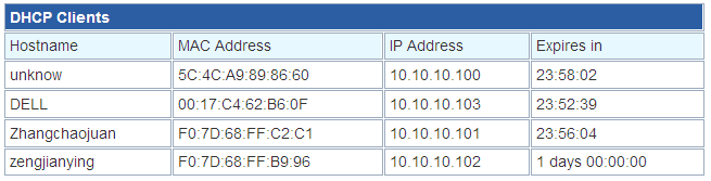 7.3.1.3 Lista de clientes DHCP: Esta tabela mostra os clientes que receberam endereços de IP do TS-50. 7.3.1.4 Roteamento Avançado (Configurações de Roteamento Estático): Quando o TS-50 é conectado a mais de uma rede, deve ser configurado um roteador estático entre eles.