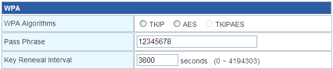 o WPA2: Algoritmos WPA: Selecionável entre TKIP, AES ou TKIPAES. Pré-Autenticação: Selecionável entre Desabilitar ou Habilitar.