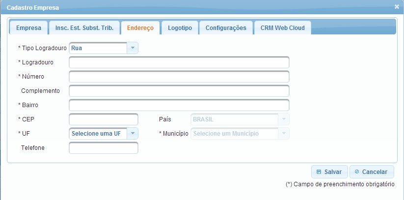 Aba Insc. Est. Subst. Trib. Campos: I.E. (Subst. Trib) UF: Informe a UF onde a empresa possui outra inscrição estadual. I.E. (Subst. Trib): Informe a inscrição estadual para a UF selecionada.