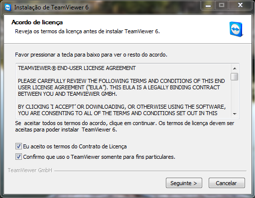 4 Tutorial de TeamViewer 6 Passo 2 - Agora temos três opções, que tem a haver como vamos utilizar o programa, isto temos a opção particular/não comercial que é apenas para uso doméstico, a opção para