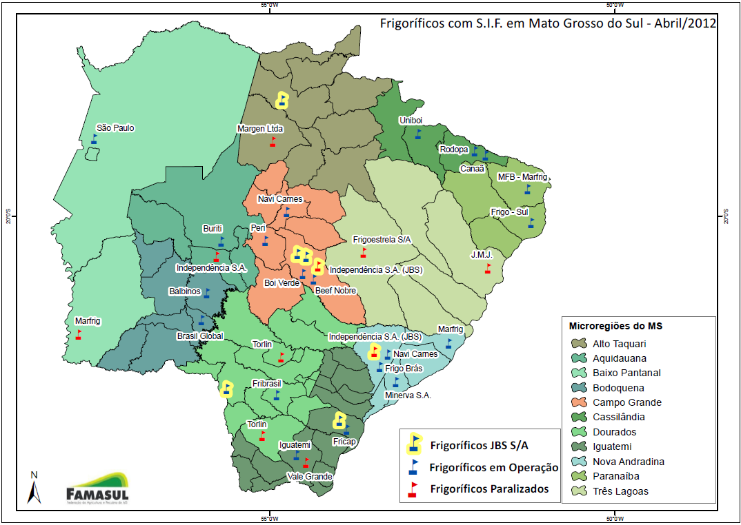 Figura 1 Distribuição dos Frigoríficos de Bovinos com Sistema de Inspeção Federal em Mato Grosso do Sul. Fonte: SFA/MS Dados do Sistema de Inspeção Federal Elaboração: UNITEC/FAMASUL. 4.
