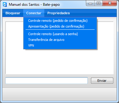 Computadores & contatos Gerenciamento de contatos Operações disponíveis na janela de bate-papo Na janela de bate-papo, você pode executar as seguintes opções clicando no item do menu: A janela de