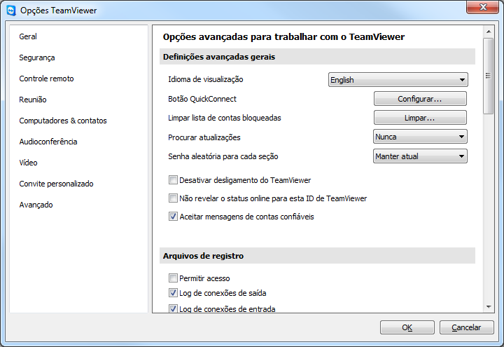 Opções 7.9 Categoria Avançado Na categoria Avançado, você pode definir configurações avançadas em seu TeamViewer. Para isso, clique no botão Mostrar as opções avançadas.